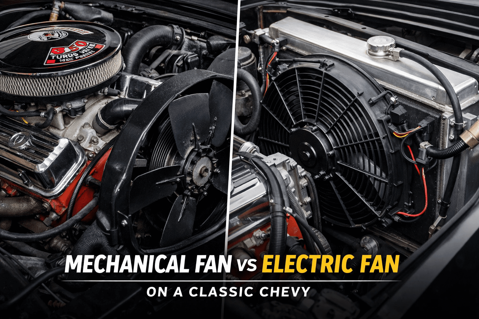 Mechanical fan and electric fan installed on a classic Chevy V8 engine for cooling comparison