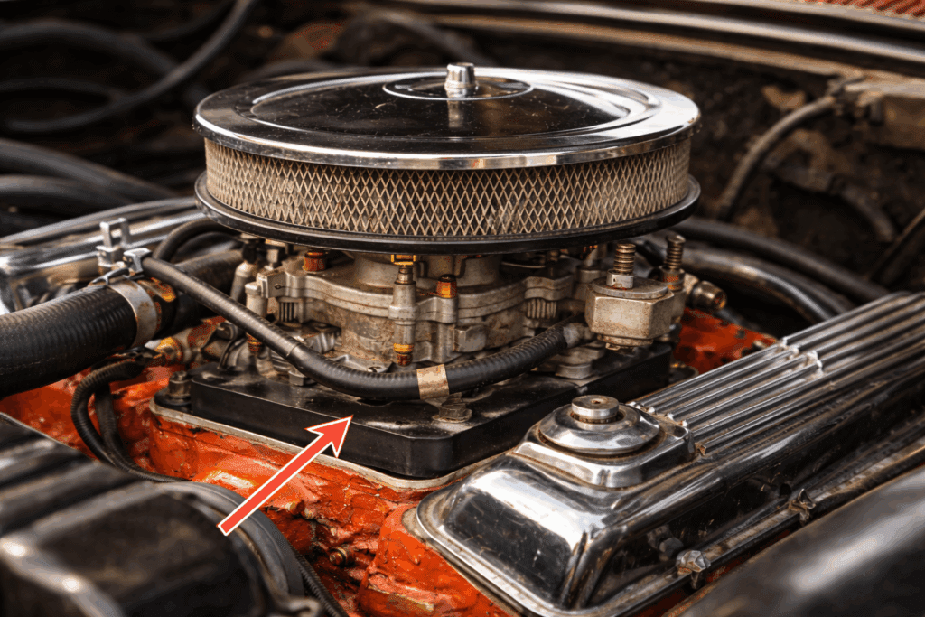 Phenolic carburetor spacer installed on a classic Chevy to prevent vapor lock
