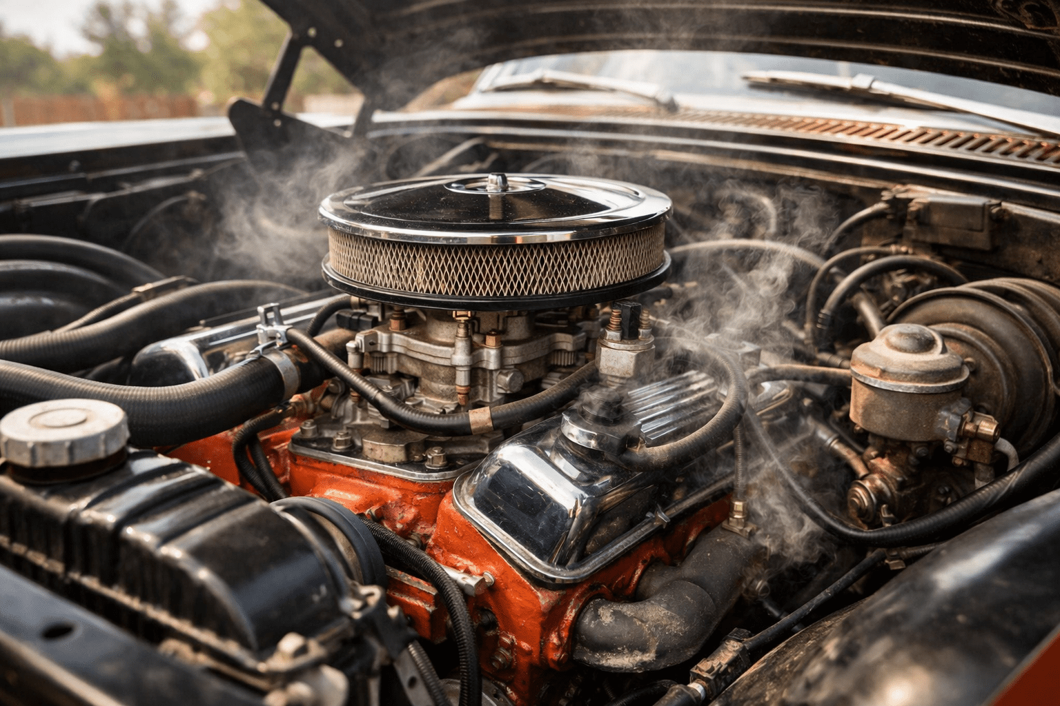 Vapor lock in a classic Chevy engine bay causing hot weather stalling